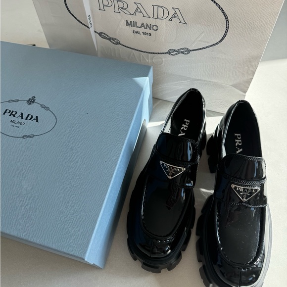 NIB Prada Monolith Patent Leather Loafers 38 Silver Enamel Prada Logo - Picture 8 of 11